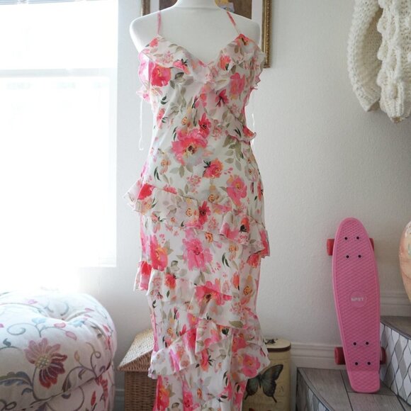 GORGEOUS FLORAL RUFFLE DRESS DROPPING SOON! SIZE SMALL Satin Sheen - Picture 3 of 6